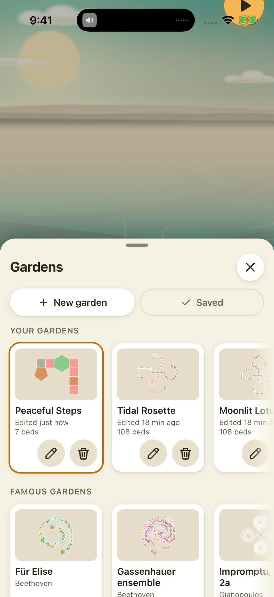 The Gardens sheet: your saved gardens, each with a small map of its tiles, and the famous gardens below.