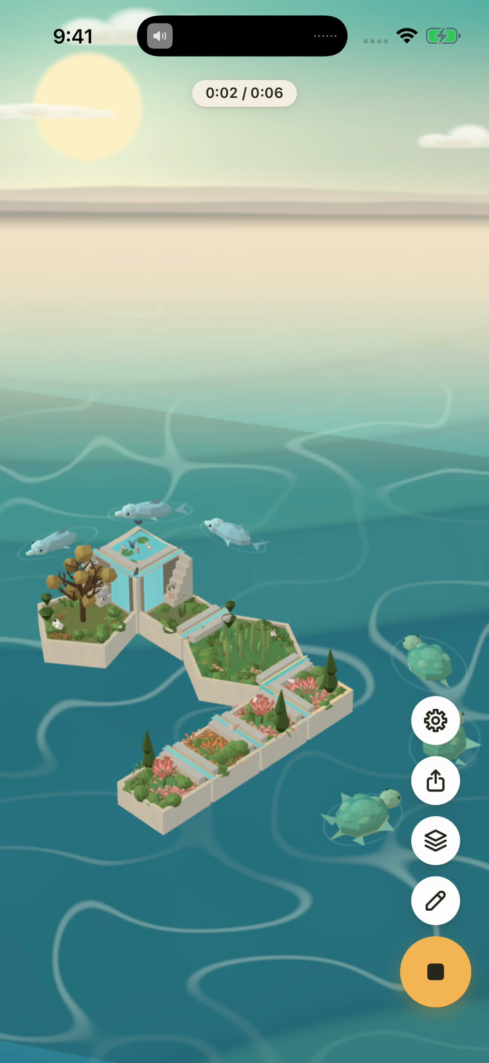 MusicIsles on iPhone: a small garden of planted tiles on turquoise water, with turtles swimming nearby, as the song plays.