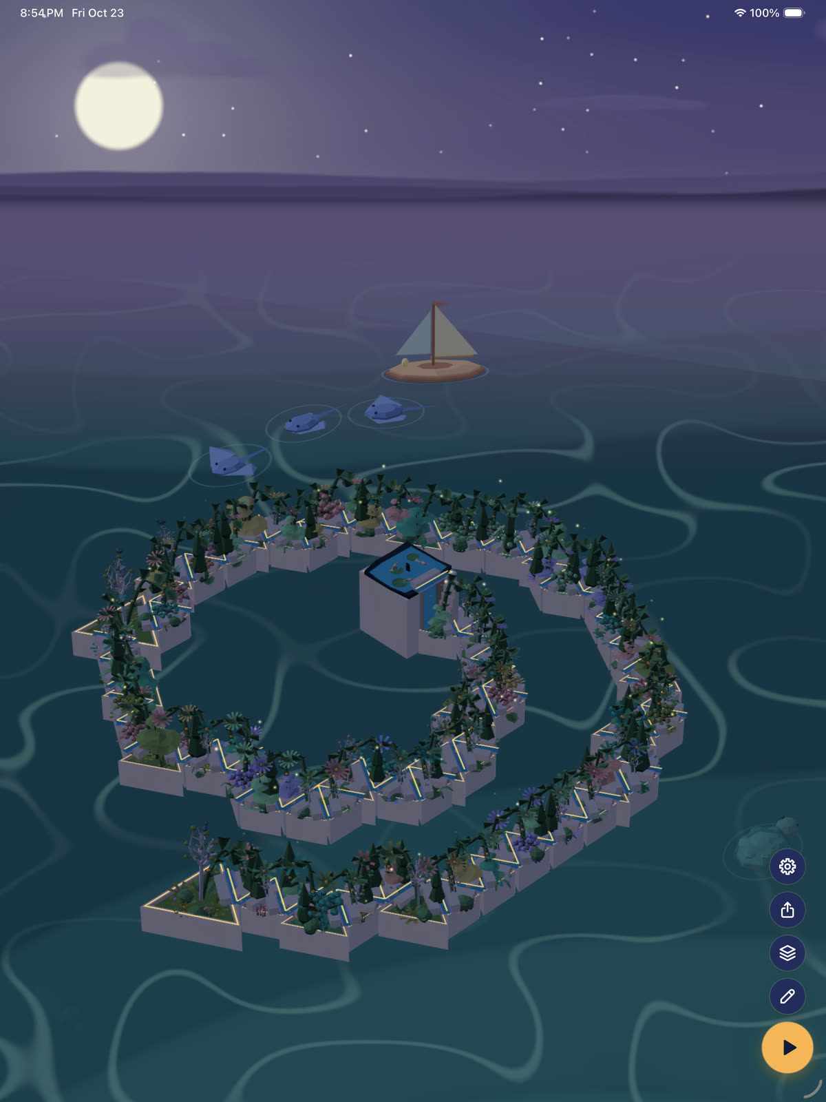 MusicIsles on iPad at night: Für Elise as a spiral garden under the moon, with a sailboat and fish on the water.